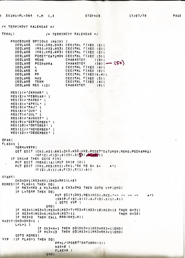 Zdrojový programu v jazyku PL/I z roku 1975